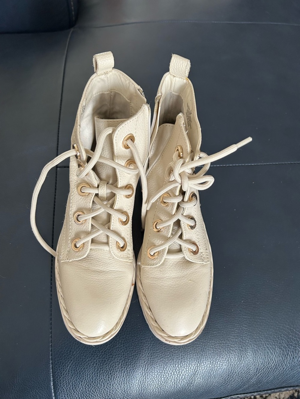 Lace-Up Cream Leather Ankle Boots with Gold Eyelets